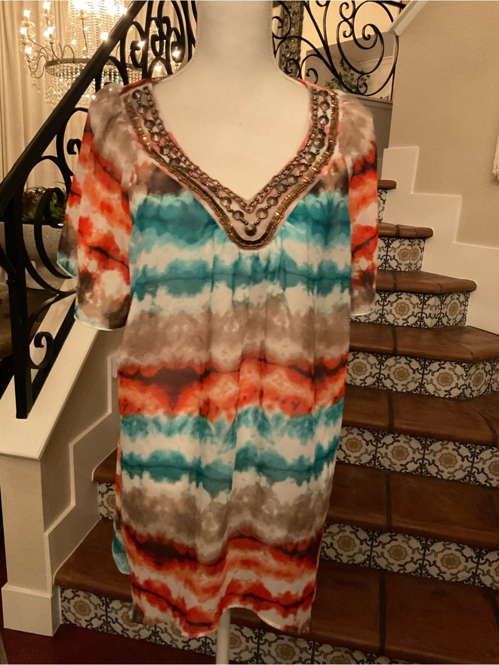 Alyx Beaded V-Neck Tie-Dye Tunic in Turquoise, Orange, Brown